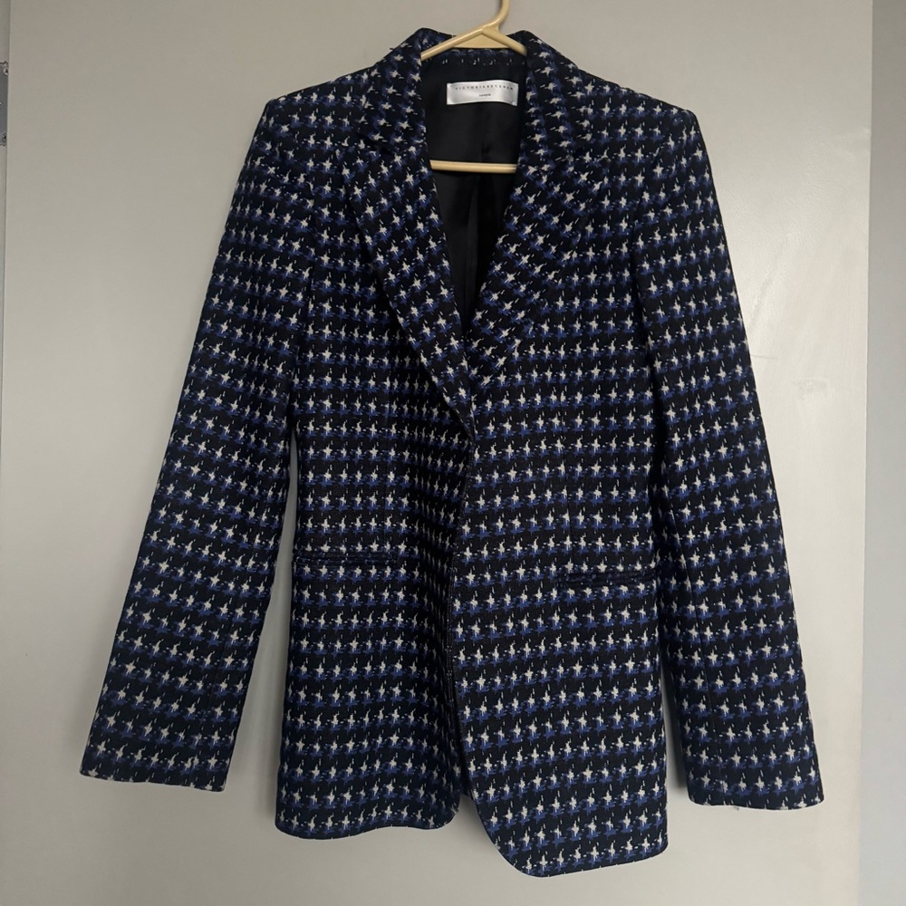 Victoria Beckham Houndstooth Wool Blend Blazer Jacket in Black Blue UK 8/US 4